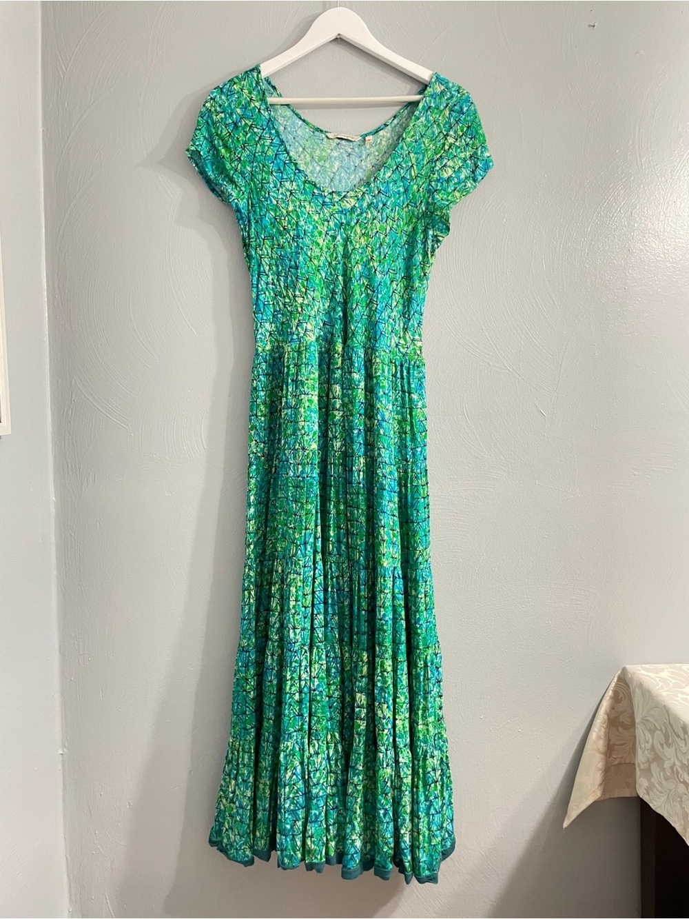 Soft Surroundings Mariana Dress XL Green Blue Mosaic Tiered Rayon Maxi - Picture 4 of 11